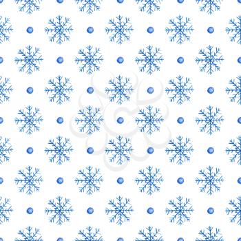 Decorative hand drawn watercolor seamless pattern with blue snowflakes on a white background