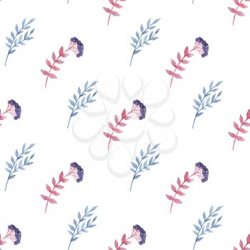 Floral watercolor seamless pattern with blue branch and flowers on a white background