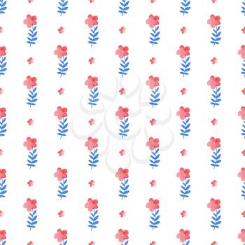 Watercolor floral seamless pattern with blue and pink flowers on a white background