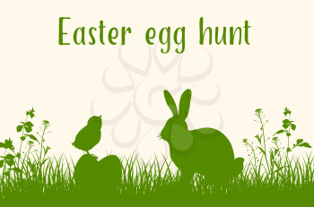 Easter green background with silhouettes of rabbit, chicken and eggs. Easter egg hunt. Vector illustration