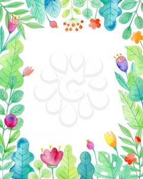Watercolor floral frame with flowers and green leaves on a white background 