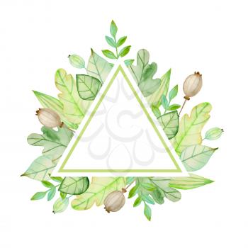 Watercolor autumn floral triangle banner with flowers and green leaves on a white background.  Hand drawn illustration
