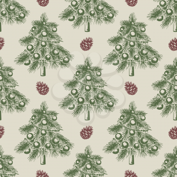 Vintage holiday seamless pattern with green Christmas tree and pine cone. Decorative background for Christmas and new year. Hand drawn vector pattern.