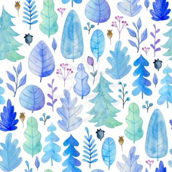 Watercolor floral seamless pattern with blue leaves and fir tree. Hand drawn winter nature background