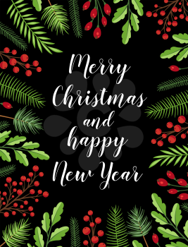 Decorative festive Christmas greeting card with evergreen plants and lettering on a black background. Christmas and New year design.