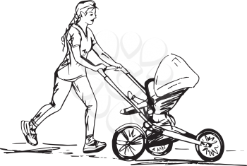 Sketch of woman Running with Buggy vector illustration