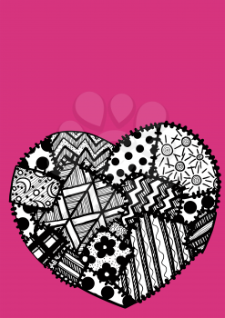 Postcard on Valentines Day heart made of patchwork