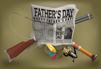 Father's Day card with a man hobby, newspaper, gun, and spinning