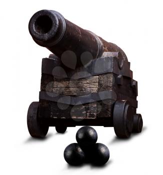 An ancient sea cannon on a wooden flap and cannon ball