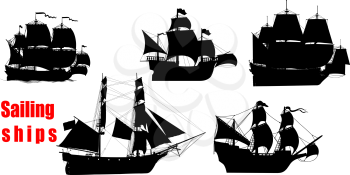 small set of black silhouettes of vintage sailing warships on white background