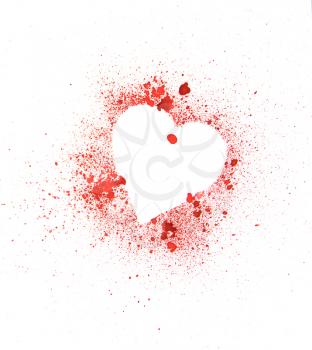 human heart and splashed red blood stains around it on a white background