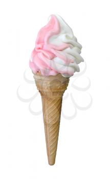Strawberry and vanilla soft serve ice cream in cone isolated on a white background.