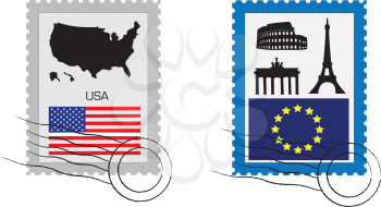 Set of various stamp from USA and EU with main landmark.