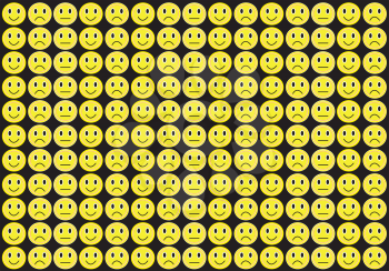 Seamless pattern of yellow smiles on the black background.