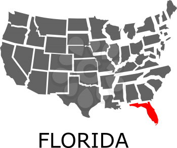 Bordering geographical map of USA with State of Florida marked with red color.