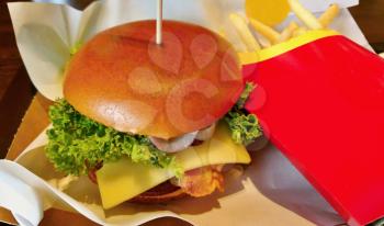 Closeup of hamburger with french fries on the tray in fast food restaurant.