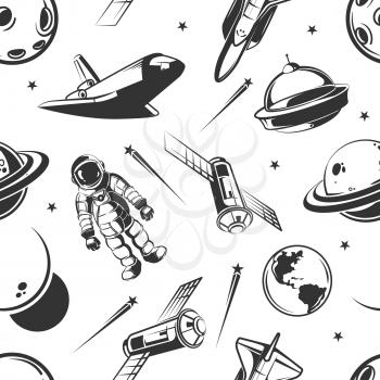Astronaut space traveling vector seamless pattern in vintage style. Astronaut and space ship seamless pattern, illustration of astronomy planet and cosmonaut with rocket spaceship