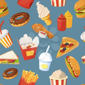 Fast food vector seamless pattern with cold water, sandwich and burger. Sandwich and water, chicken and burger illustration