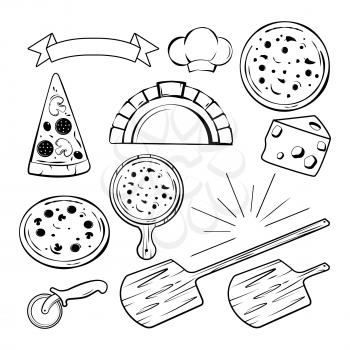 Different monochrome elements for pizza banners, labels or logos design. Vector illustration. Pizza italian and accessories for pizza making