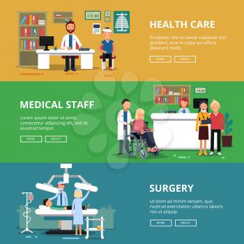 Three horizontal vector banners of healthcare concept pictures. Medical rooms and offices in hospital. Patients and doctors. Web banner medicine concept, illustration of healthcare in medicine clinic