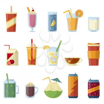 Illustration with non alcoholic drinks. Vector pictures in cartoon style. Set of beverage drinks water amd juice, lemonade and soda