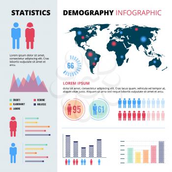 Infographic concept design of people population. Demographic vector illustrations with economic charts and graphs. Data information map economic