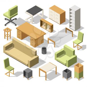 Isometric office furniture. 3d cabinet with table, chairs and armchair, sofa and shelves. Vector illustration set of table and chair, sofa and armchair