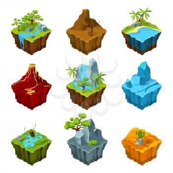 Fantasy isometric islands with vulcans, different plants and rivers. Interface elements in cartoon style. Vector computer games. Platform with plant and mountain, water and vulcan illustration