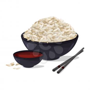 Japanese food. Bowl with white rice. Vector illustrations set rice in bowl with sauce traditional