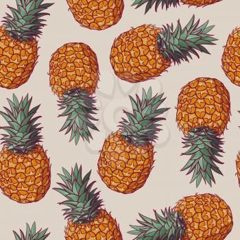 Seamless pattern with vector illustrations of pineapples. Summer exotic fruit seamless background
