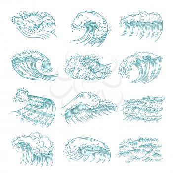 Monochrome pictures set of marine waves with different splashes. Vector illustration in hand drawn style. Water wave sea and ocean, marine flow splash and swirl