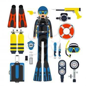 Equipment for underwater sport. Gas, scuba wetsuit and flippers. Underwater equipment mask and snorkel, scuba and swim gear. Vector illustration