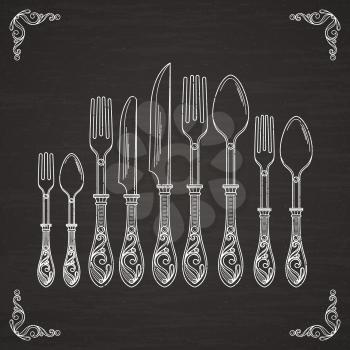 Vector pictures of spoon, fork and knife. Tableware hand drawing silhouette on black chalkboard. Fork and spoon, knife for dinner table sketch illustration