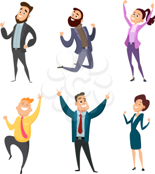 Male and female happy businessmen in action poses. Action businessman, happy business woman. Vector illustration