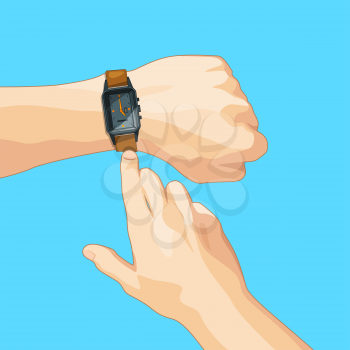 Business concept picture with mechanical hand watch. Vector illustration isolate. Time clock and watch wrist on hand