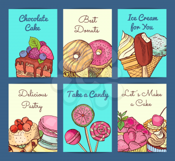 Vector hand drawn colored sweets shop card or flyer templates with place for text illustration