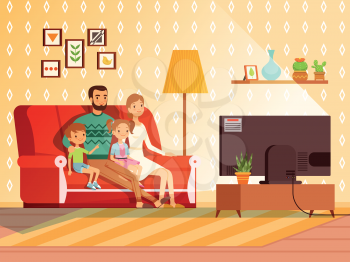 Lifestyle of modern family. Mother, father and children watching tv. Family father mother and children watch tv. Vector illustration