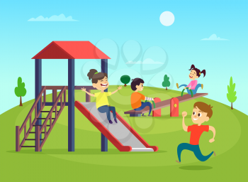 Funny playing kids on playground. Vector illustration. Playground with funny kids