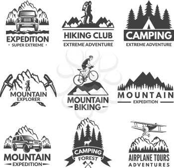Explorer labels set. Travel pictures label and adventure emblem, biking and climbing, mountaineering and journey. Vector illustration