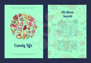 Vector hand drawn sweets, pastry shop or confectionary card or brochure template with and place for text illustration