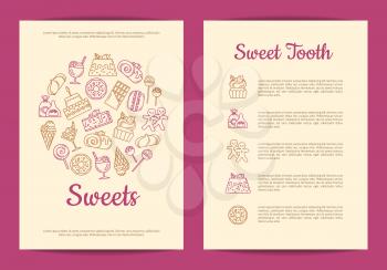 Vector card or flyer template for pastry or confectionary shop with linear style sweets icons. Sweet pastry banner, cream and cake illustration