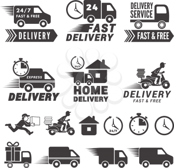 Logos set of fast delivery service. Vector labels isolate on white. Illustration of delivery service fast and free
