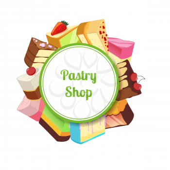 Vector illustration for pastry shop or confectionary with cartoon tasty cake. Pastry cake food dessert, chocolate cupcake with cream
