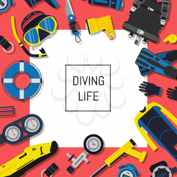 Vector underwater diving equipment background with white square and place for text. Sport diving equipment for swimming, flipper and snorkeling, oxygen and wetsuit illustration