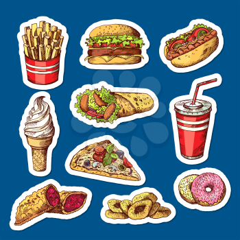 Vector hand drawn colored fast food elements stickers isolated on plain background. Food sticker badge, pizza and ice cream illustration