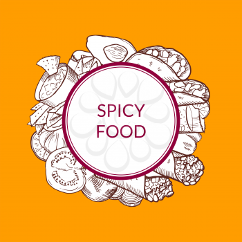 Vector pile of sketched mexican food elements under circle with place for text illustration