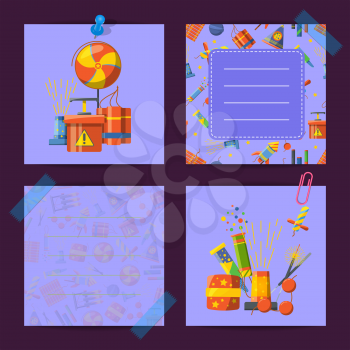 Vector colored cute notes of set with cartoon pyrotechnics illustration