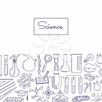 Vector banner with sketched science or chemistry elements background with place for text illustration