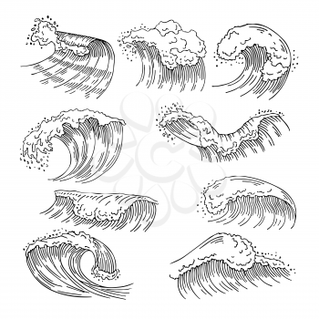 Marine illustrations of water splashes and big waves. Vector hand drawn pictures. Ocean storm water, nature wave marine