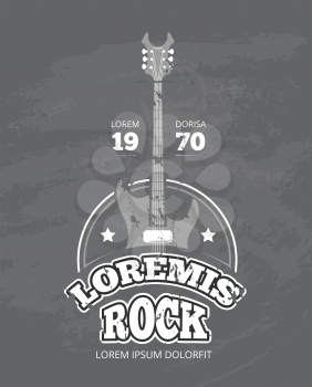 Black and white shabby retro rock music club, instruments shop, sound record studio vector logo, badge with guitar illustration